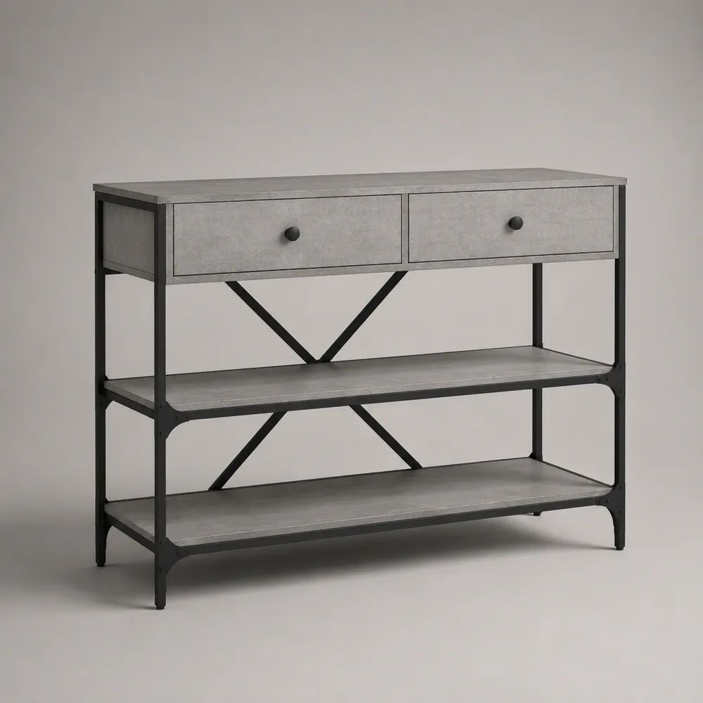 Consolle rettangolare in pannello truciolare melaminico e acciaio con 2 cassetti e 2 ripiani, grigio cemento e nero, 100 × 35 × 80 cm