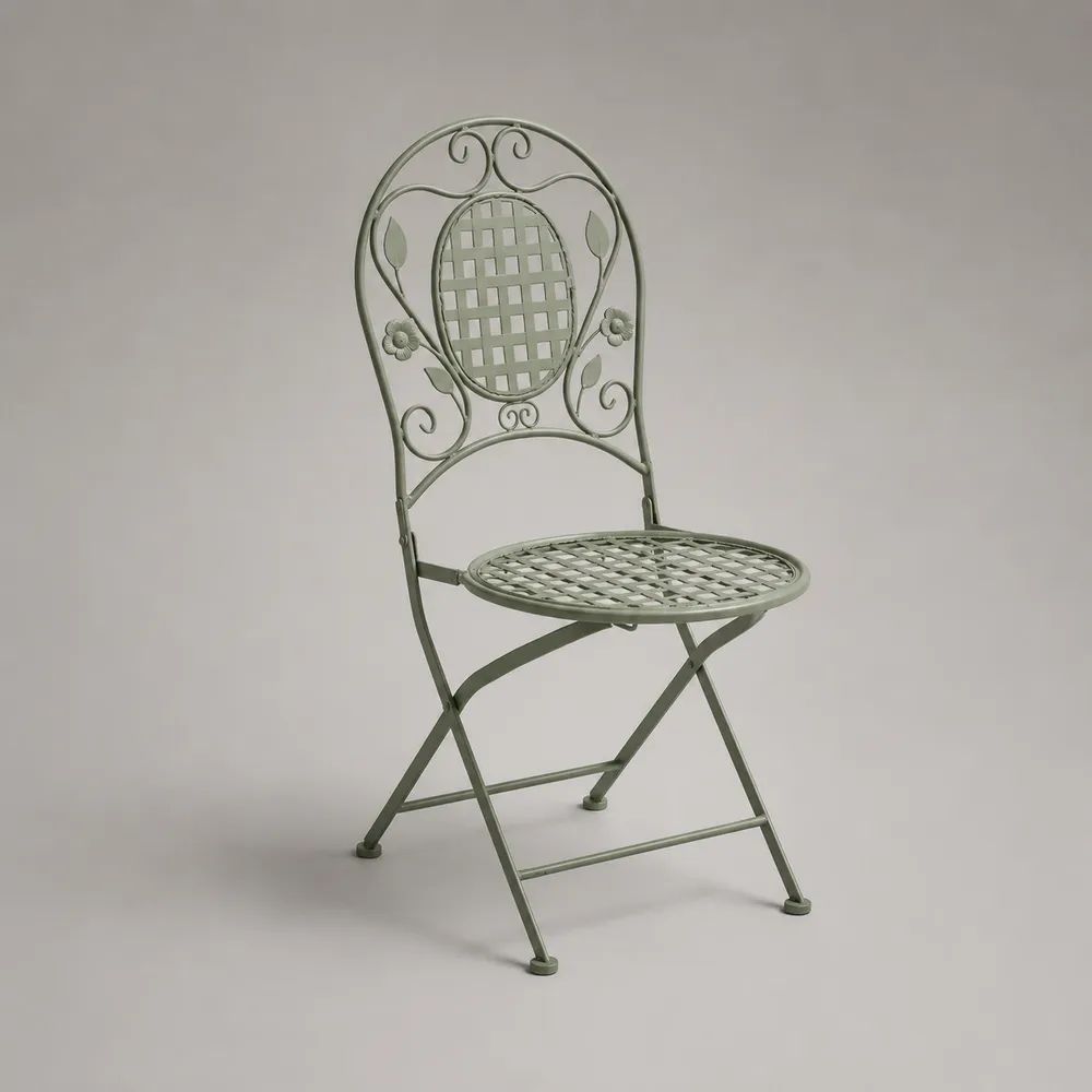 Sedia da giardino pieghevole in acciaio verde salvia con seduta rotonda, 42 × 52 × 92 cm