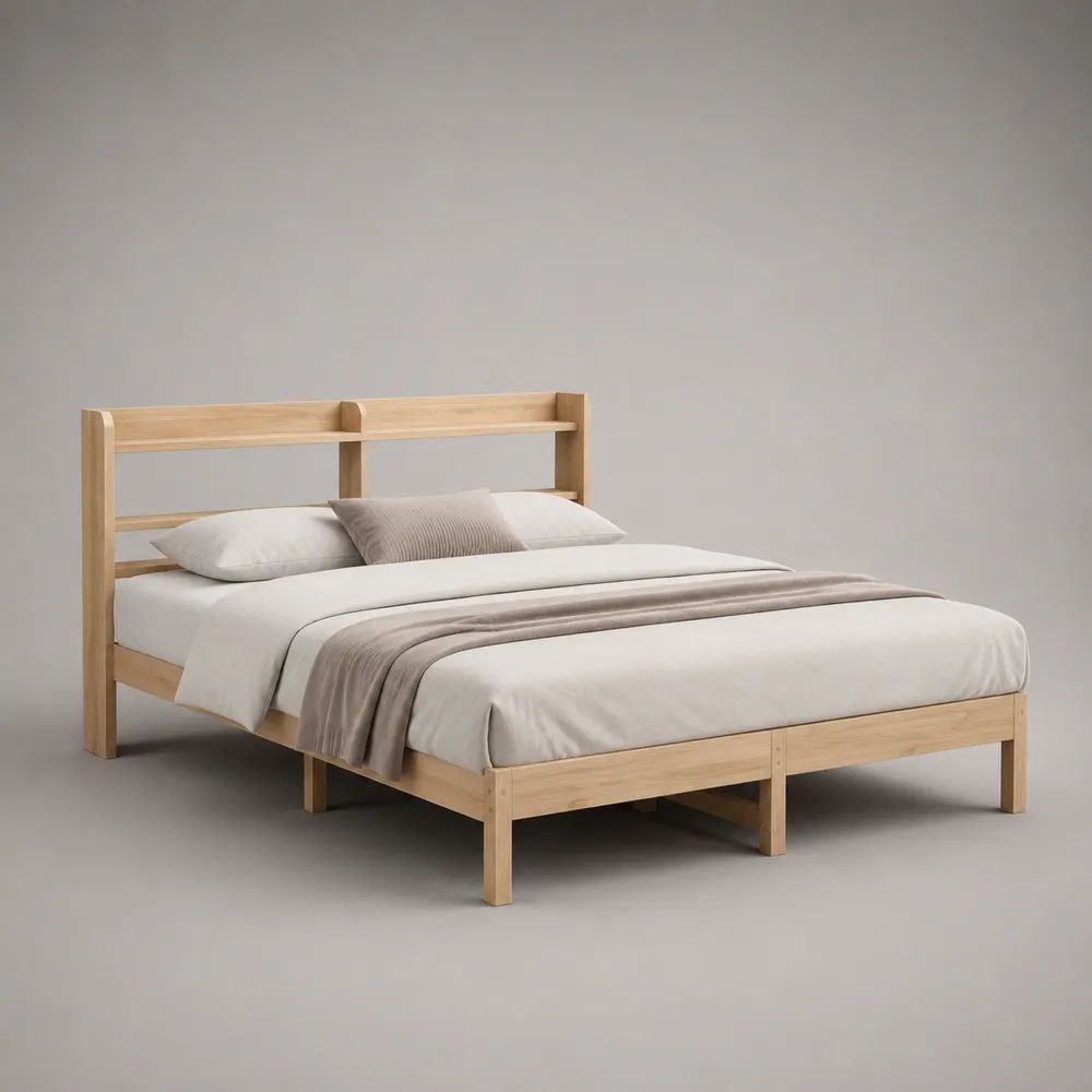 Letto matrimoniale 160 x 200 cm in legno massello di pino naturale con testiera a ripiano