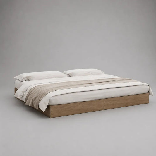 Letto matrimoniale contenitore basso in MDF, rovere naturale, con 2 cassetti, 206 x 186 x 30 cm, per materasso 180 x 200 cm