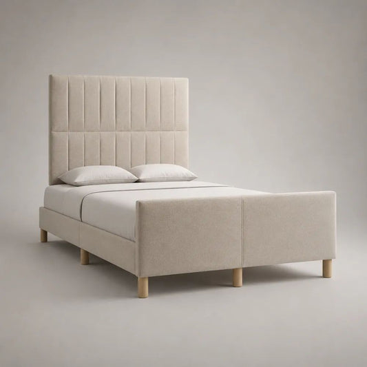 Letto matrimoniale imbottito in tessuto beige 160 x 200 cm con testiera alta e pediera, dimensioni 170 x 215 x 150 cm