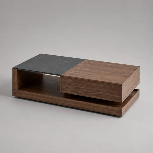 Tavolino da salotto rettangolare in MDF impiallacciato noce e pietra sinterizzata nera con cassetto e vani aperti, 120 × 60 × 35 cm