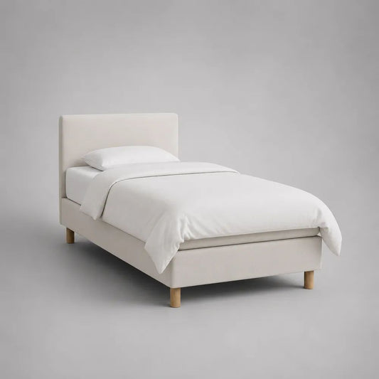 Letto singolo rettangolare imbottito in tessuto avorio, 212 x 100 x 105 cm, per materasso 90 x 200 cm