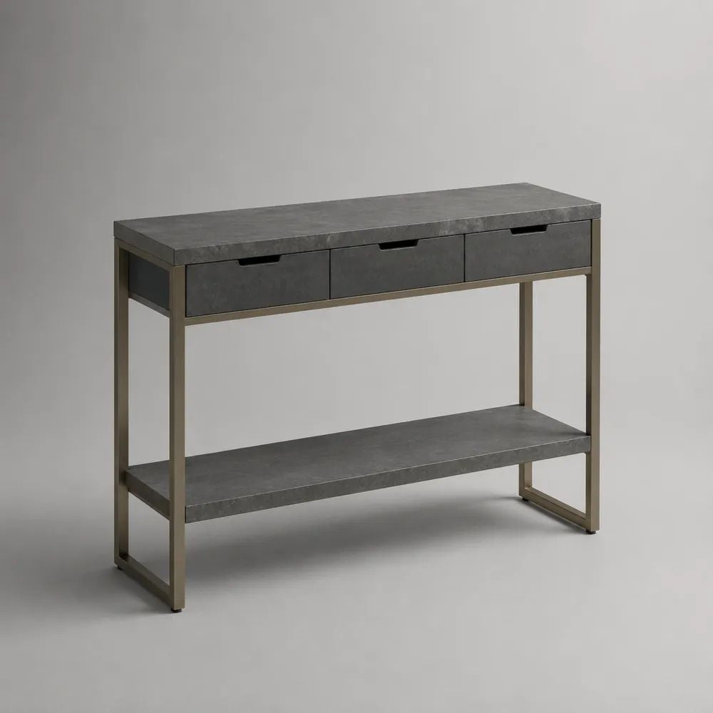 Consolle rettangolare in MDF e acciaio con 3 cassetti e ripiano, grigio cemento e grigio tortora, 110 x 35 x 80 cm