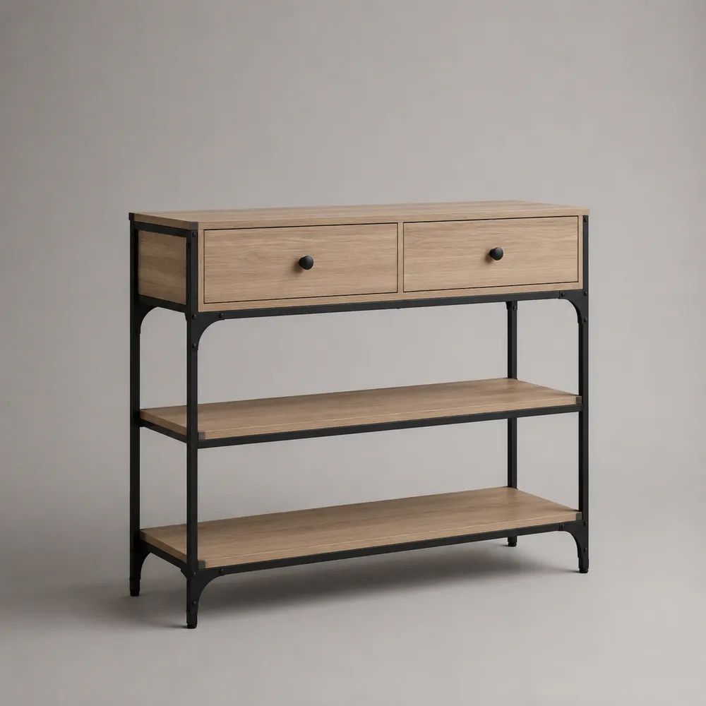 Consolle rettangolare con 2 cassetti e 2 ripiani in MDF e acciaio, rovere naturale e nero, 100 × 35 × 90 cm